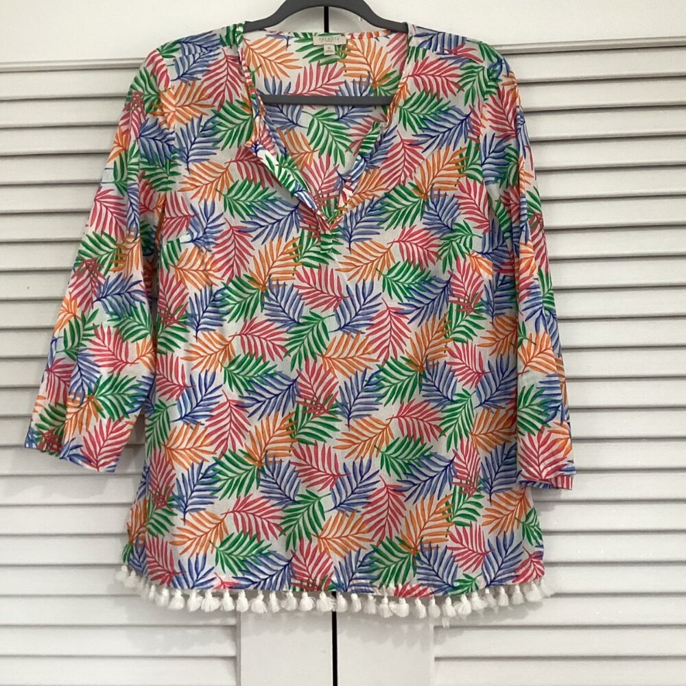 Talbots Petite S Tropical Leaf Print Tunic Top With Tassel Hem